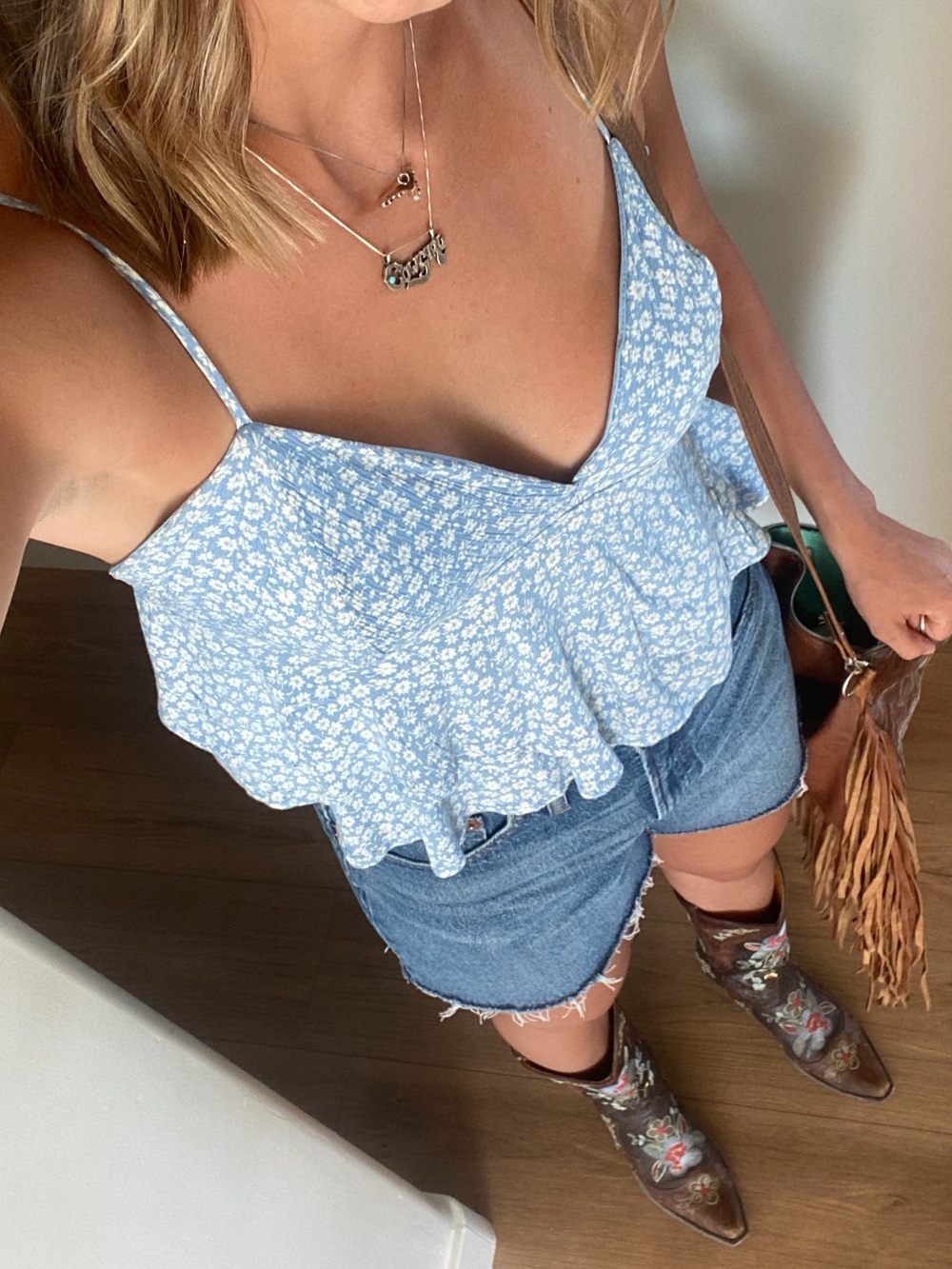 Ocean Drive Light Blue Floral V-Neck Tiered Camisole